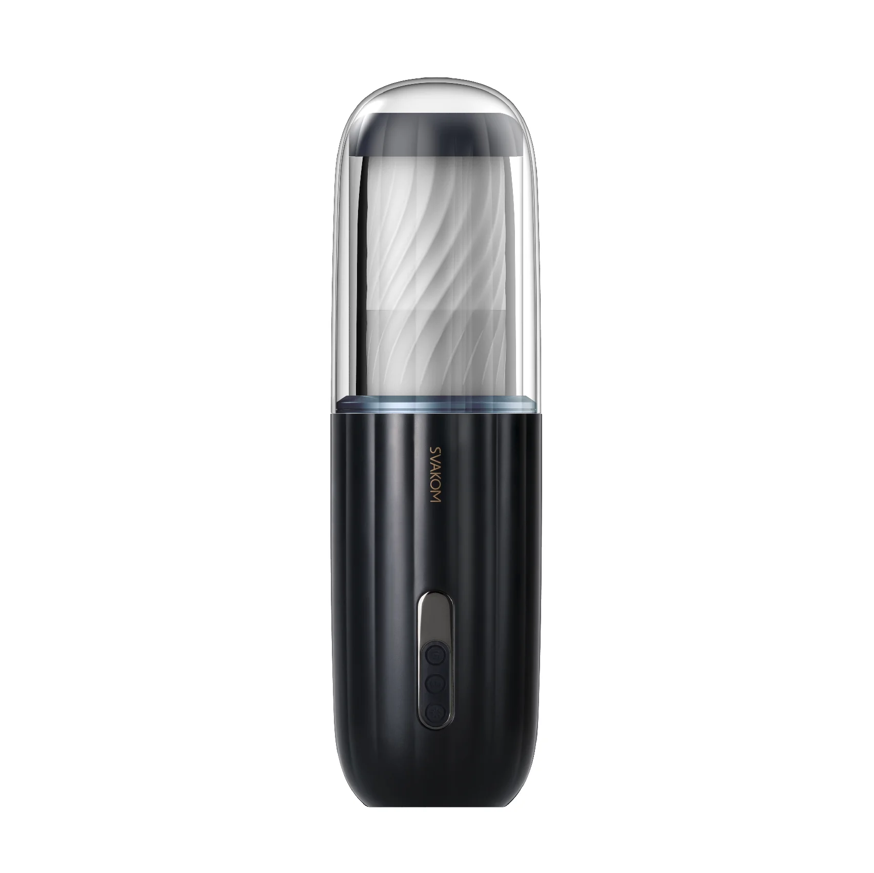 SVAKOM Alex auto-thrusting masturbator with transparent upper sleeve and matte black ABS body, showing twisted silicone interior and dual onboard control buttons