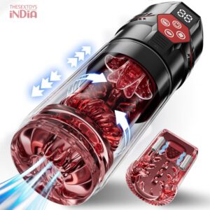 An assembled black and clear 7 Thrusting Rotating Vibrating Male Masturbator showing the internal red, textured sleeve. Blue arrows indicate thrusting and a clear piece of the sleeve is shown separately, highlighting its removable and textured material.