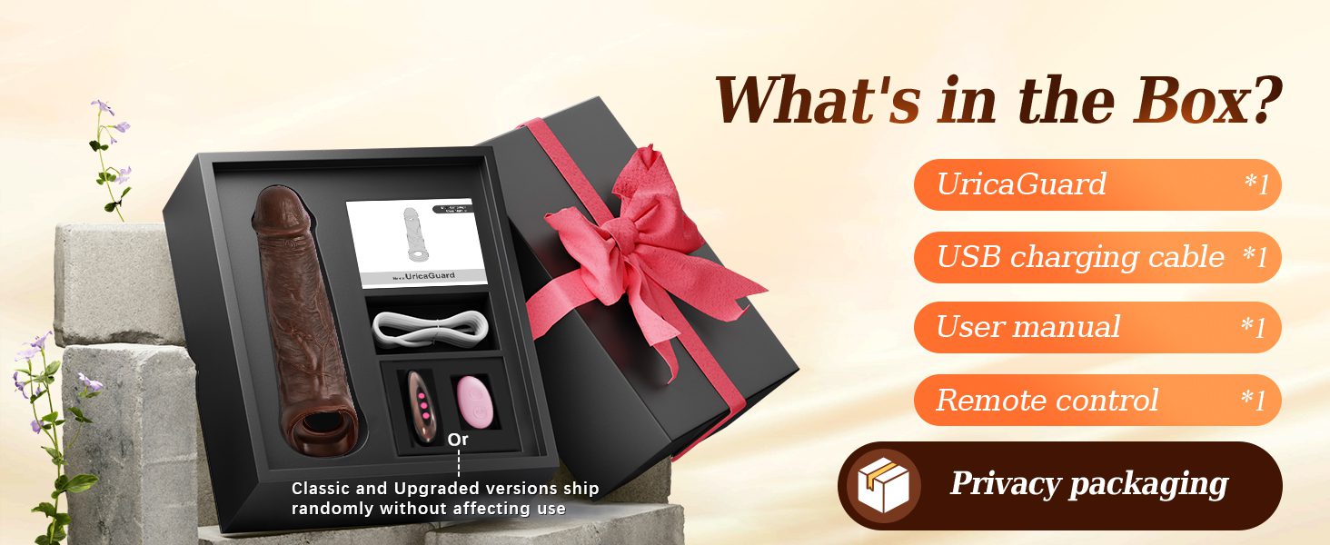 A product box contents image for the Remote Control Vibrating Penis Sleeve (UricaGuard) by TheSexToysIndia, showing the sleeve, USB cable, user manual, and remote control packaged in a discreet box.