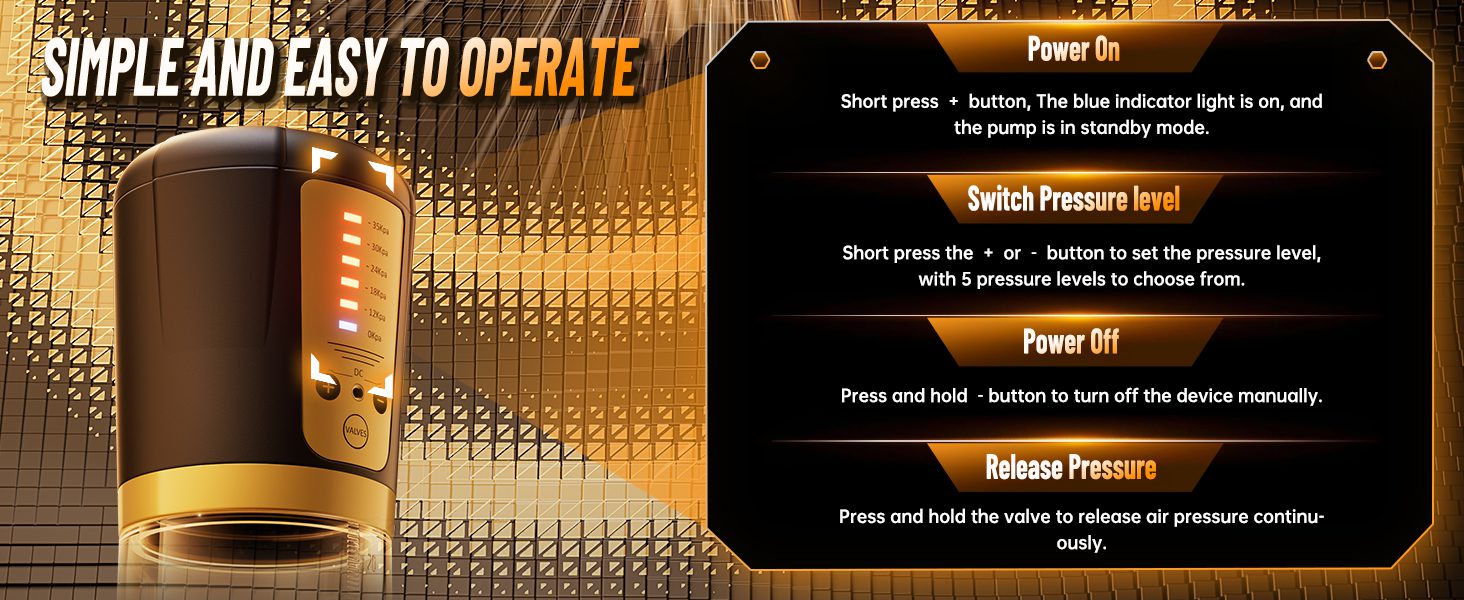 A close-up operating guide for the Automatic Penis Enlarger Pump by TheSexToysIndia, detailing instructions for Power On, Switch Pressure level (5 levels), Power Off, and Release Pressure via the control panel buttons.
