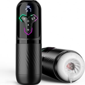 The black and clear Heating Male Masturbator from TheSexToysIndia is displayed with a red glow effect, emphasizing the heating function. The main features, including Rotation, Thrusting, Sucking, and Heating, are highlighted.