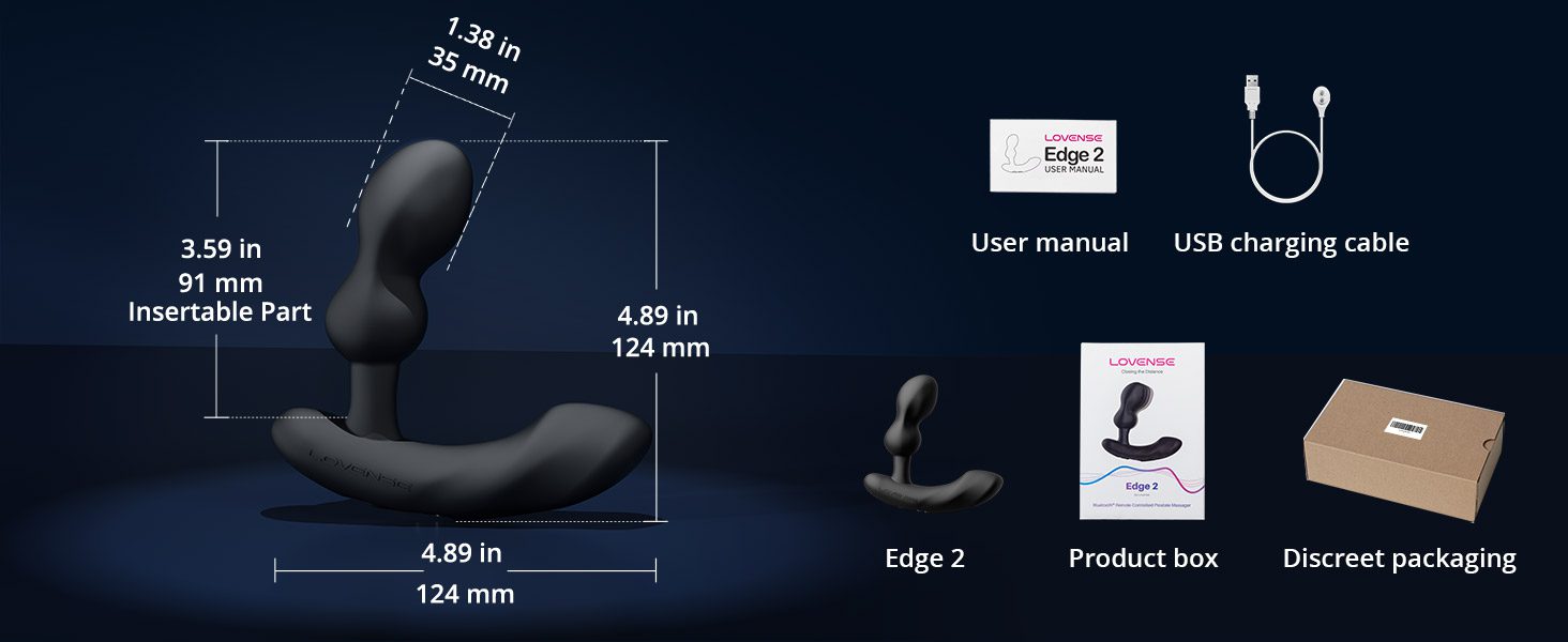 A comprehensive size and component guide for the LOVENSE Edge 2 Prostate Massager by TheSexToysIndia, showing the massager's dimensions and included package contents: Edge 2 unit, User manual, USB charging cable, Product box, and Discreet packaging.
