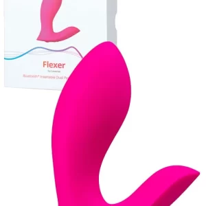The main image for the Lovense Flexer Bluetooth® Insertable Dual Panty Vibrator from TheSexToysIndia. The bright pink, ergonomic, V-shaped vibrator is shown prominently in the foreground, with its white retail box visible in the background.