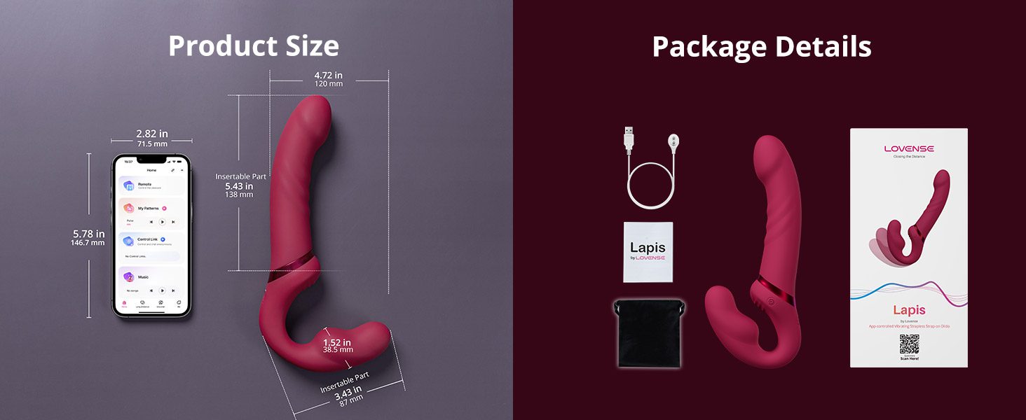 A comprehensive size and package detail image for the LOVENSE Lapis Strapless Strap on Dildo by TheSexToysIndia, showing product dimensions, including insertable parts (5.43 in / 138 mm and 3.43 in / 87 mm), and package contents like the charging cable and manual.