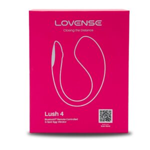 The retail packaging for the Lovense Lush 4 Bluetooth® Remote-Controlled G-Spot Egg Vibrator. The box is bright pink with the Lovense logo and the tagline "Closing the Distance." Sold by TheSexToysIndia.