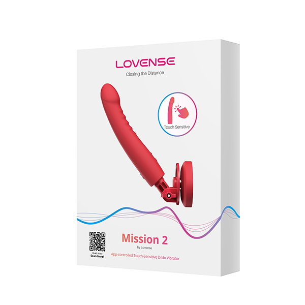 Product packaging for the LOVENSE Mission 2 Dildo Machine by TheSexToysIndia, a white box featuring the red dildo vibrator mounted on the suction cup base, highlighted as "App-controlled Touch-Sensitive Dildo Vibrator."