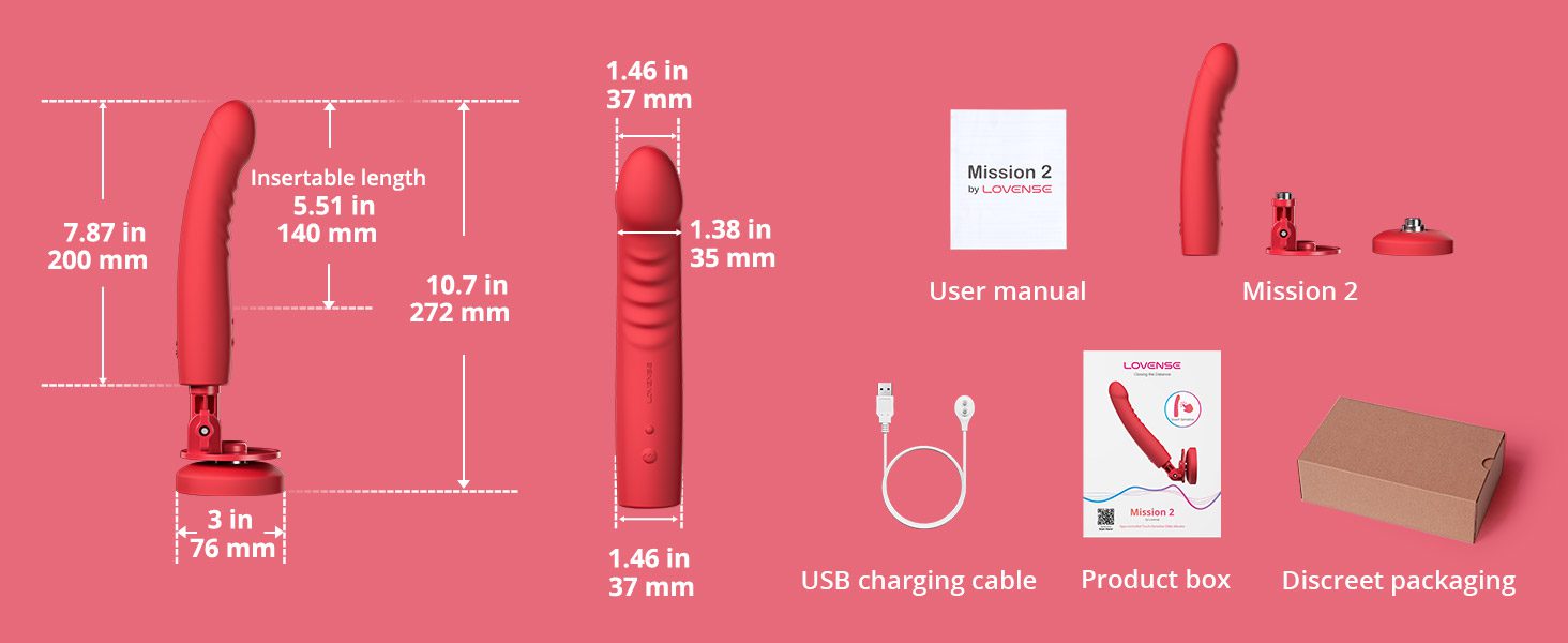 A comprehensive size and component guide for the red LOVENSE Mission 2 Dildo Machine by TheSexToysIndia, detailing dimensions (total length 7.87 in / 200 mm, insertable length 5.51 in / 140 mm) and showing all included parts: User manual, Mission 2 unit, USB charging cable, Product box, and Discreet packaging.
