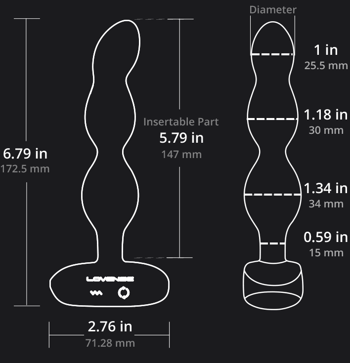 A technical size guide illustration for the LOVENSE Ridge Anal Beads from TheSexToysIndia, detailing the dimensions including total length (6.79 in / 172.5 mm), insertable length (5.79 in / 147 mm), base width (2.76 in / 71.28 mm), and bead diameters (1 in, 1.18 in, 1.34 in, 0.59 in).