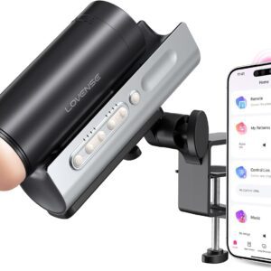 The main product image showing the black LOVENSE Solace Pro Automatic blowjob Masturbator with its realistic textured sleeve visible at the opening. The device is standing upright. Product sold by TheSexToysIndia.