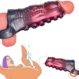 Main image of the two-toned black and maroon Monster Penis Sleeve by TheSexToysIndia, a highly textured and thick penis extender sleeve with suction cup details near the tip, shown next to a separate black cock ring.