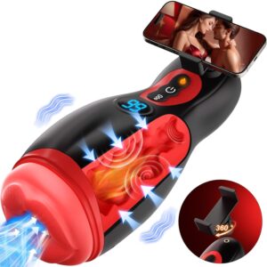 The Smart Blowjob Masturbator from TheSexToysIndia is displayed, highlighting its tongue-like oral stimulator at the entrance and internal textured sleeve. The image also shows the device's control panel and a separate view of the internal sleeve.