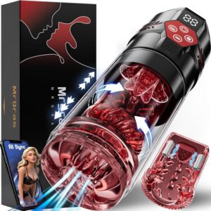 The main image for the Vibrating Sucking Male Masturbator from TheSexToysIndia, showing the black device with a clear casing and red textured sleeve, highlighting its internal thrusting and sucking motion. The packaging and a phone screen with AI Sync content are also displayed.