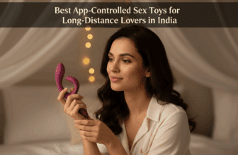 A woman with a slight romantic mood, holding a purple We-Vibe app-controlled sex toy in her hand. The image has a banner with the title "Best App-Controlled Sex Toys for Long-Distance Lovers in India