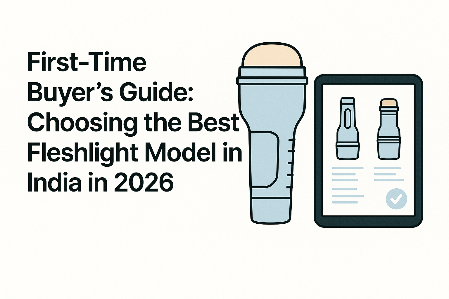 Illustration showing a digital buyer's guide with stylized Fleshlight models and the title 'First-Time Buyer’s Guide: Choosing the Best Fleshlight Model in India in 2026' on a clean white background.