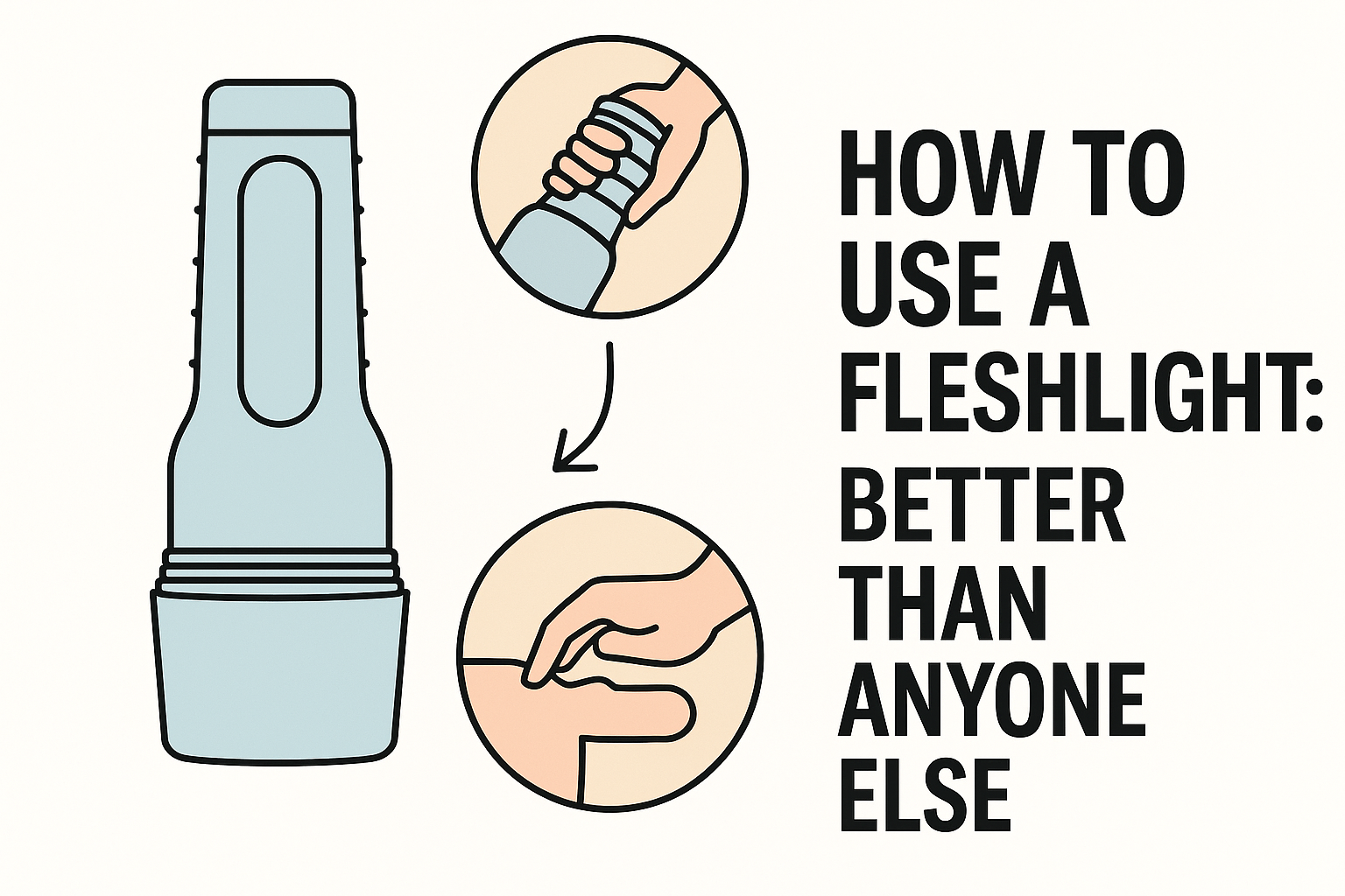 Illustration showing a step-by-step guide on how to use a Fleshlight, with stylized hand and product icons, arrows, and the title 'How to Use a Fleshlight: Better Than Anyone Else' in bold text on a clean white background.
