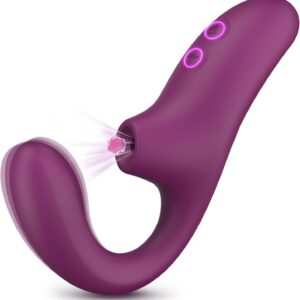 The main image of the purple Mona Pro Clitoral Sucking G-Spot Vibrator, showing its curved shape with a clitoral suction mouth emitting a glowing effect and illuminated control buttons. Product from TheSexToysIndia.