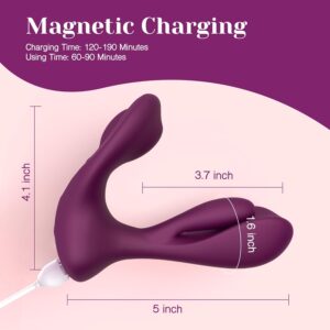 nfographic detailing the dimensions (5 inches long, 4.1 inches high, 1.6 inches width of insertable part, 3.7 inches length of insertable part) and "Magnetic Charging" time (120-190 minutes charge, 60-90 minutes use) of the Tracy’s Dog Swirlii Dual Stimulation Vibrator. Product from TheSexToysIndia.