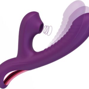 The deep purple Tracy's Dog Beta Rabbit Vibrator, showing its signature air-pulse clitoral stimulator, G-spot curve, and rabbit ears. The image illustrates the back-and-forth "Come-hither" motion. Product from TheSexToysIndia.