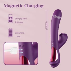 Infographic showing the "Magnetic Charging" and size of the Tracy's Dog Beta Rabbit Vibrator: 2.5 hours charging time, 1 hour using time, 4.92 inches length, and 1.38 inches maximum width. Product from TheSexToysIndia.