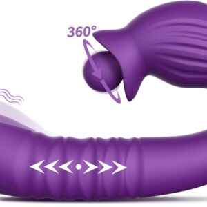 The main image of the purple Tracy's Dog Ciro Thrusting Vibrator, showcasing its realistic thrusting action with movement arrows and a 360-degree rotating round tongue stimulator. Product from TheSexToysIndia.