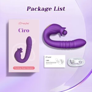 The package list for the Tracy's Dog Ciro Thrusting Vibrator, displaying the Ciro vibrator, the pink product box, a manual of instructions, and the USB charging cable. Product from TheSexToysIndia.