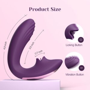 Infographic showing the dimensions of the Tracy's Dog Clitoral Licking G Spot Vibrator (4.9 inches overall length, 3.5 inches insertable length, 0.7 inches width), along with close-ups of the Licking and Vibration sections. Product from TheSexToysIndia.