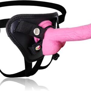 Main image of the pink Wearable Adjustable Strap On Dildo by TheSexToysIndia, securely fastened in the black adjustable harness/jockstrap.