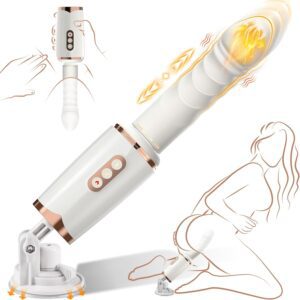 Main product image of the white and rose-gold Automatic Thrusting Dildo Machine with a realistic, twisting dildo attachment and a suction cup base. An outline drawing of a woman in a hands-free position is shown, illustrating use. The dildo head shows an interior heating element. Brand: TheSexToysIndia.