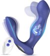 Main product shot of the dual-motor, C-shaped, blue and purple Butterfly Pulse Pro Prostate Massager with its white wireless remote. The toy's tips are shown vibrating and rotating, with a diagram of the internal motor mechanism and rotation effects. Brand: TheSexToysIndia.