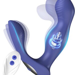 Main product shot of the dual-motor, C-shaped, blue and purple Butterfly Pulse Pro Prostate Massager with its white wireless remote. The toy's tips are shown vibrating and rotating, with a diagram of the internal motor mechanism and rotation effects. Brand: TheSexToysIndia.