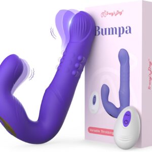 The main product shot of the purple, C-shaped Tracy's Dog Bumpa Prostate Massager with its wireless remote control and product box. The image shows the massager in motion, highlighting its throbbing and wiggling functions. Brand: TheSexToysIndia.