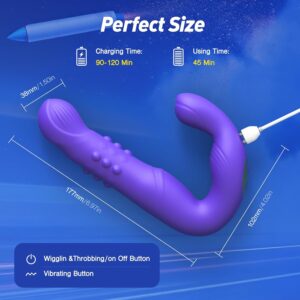 Size guide for the purple Tracy's Dog Bumpa Prostate Massager with dimensions (177mm/6.97in length) and battery specs: Charging Time (90-120 Min) and Using Time (45 Min). Button functions are also indicated. Brand: TheSexToysIndia.