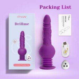 Flat lay of the product packaging and contents: a purple Tracy’s Dog Drillme Thrusting Dildo, the 'Drillme' box, a manual, a USB charging cable, and the white remote control. The packaging shows the product name, 'Evorumble Thrusting Vibe'. Brand: TheSexToysIndia.