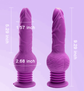 Size guide for the Tracy’s Dog Drillme Thrusting Dildo showing the front and side view with dimensions: total height 9.29 inches, insertion length 5.29 inches, shaft diameter 1.57 inches, and base width 2.68 inches. Brand: TheSexToysIndia.