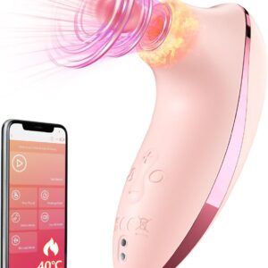 The main product image for TheSexToysIndia Premium Clitoral Sucking Vibrator in a soft pink color. A smartphone is pictured next to it, displaying the app control interface with options for music mode, remote mode, and a 40°C heating setting.