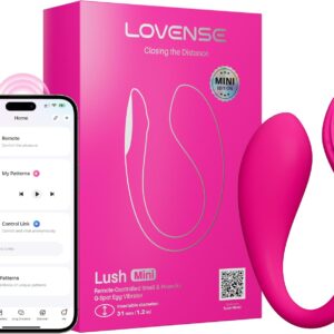 Lovense Lush Mini app controlled wearable vibrator with packaging and mobile app connectivity display