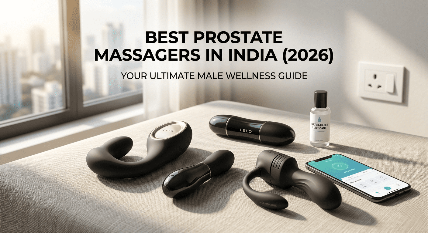 A collection of premium black prostate massagers, a bottle of water-based lubricant, and a smartphone displaying a control app on a bed, with a modern Indian city skyline visible through the window.