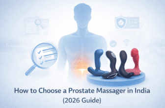 Medical-style illustration showing a male silhouette with a highlighted lower pelvic area and an abstract prostate massager device, representing a 2026 guide to choosing prostate massagers in India.