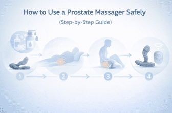 Clean medical-style infographic showing a four-step process for safely using a prostate massager, including preparation, comfortable positioning, gentle adjustment, and controlled usage in a non-explicit educational format.