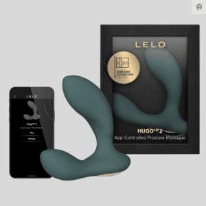 LELO Hugo 2 app controlled prostate massager with smartphone app interface and packaging box