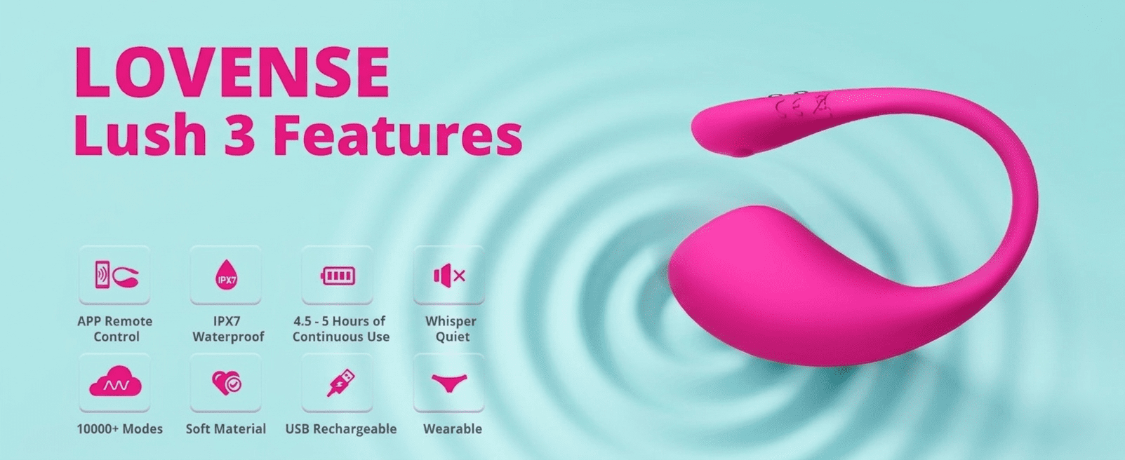 Lovense Lush 3 features showing app control, waterproof design, multiple vibration modes and wearable egg vibrator shape