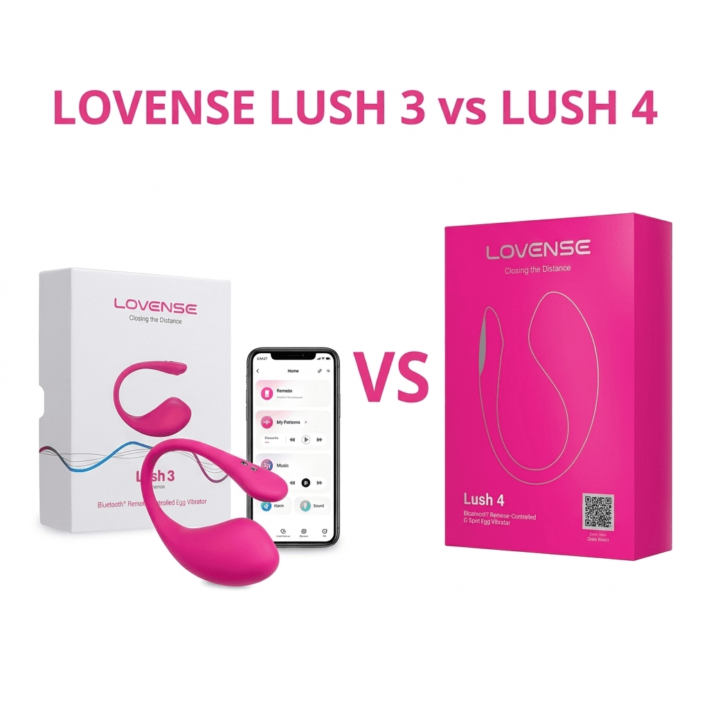 Lovense Lush 3 vs Lush 4 comparison showing both products with packaging and app control interface