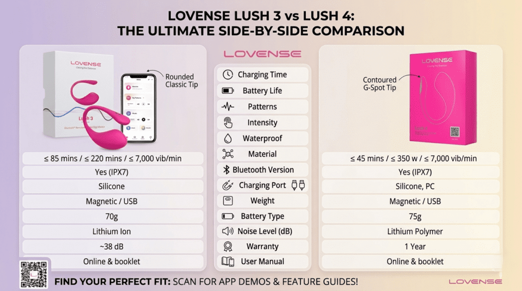 Lovense Lush 3 vs Lush 4 performance comparison showing battery life, intensity, charging time and features side by side