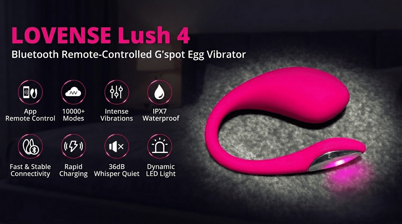Lovense Lush 4 app controlled G-spot egg vibrator with Bluetooth remote, multiple vibration modes, waterproof design and LED light