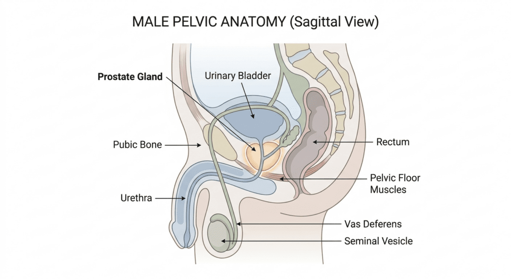male pelvic anatomy diagram showing prostate gland location near bladder urethra and surrounding structures for understanding prostate health