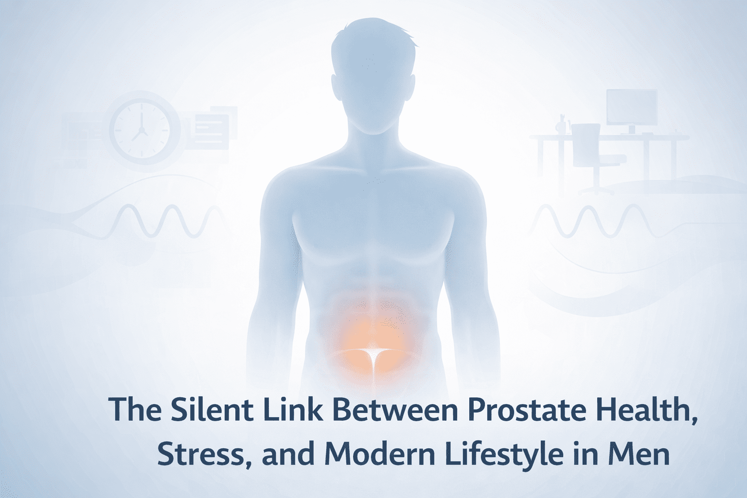 Medical-style illustration of a male silhouette with a soft glowing highlight in the lower abdomen area, surrounded by subtle icons representing stress and modern lifestyle, illustrating the link between prostate health, stress, and daily habits.