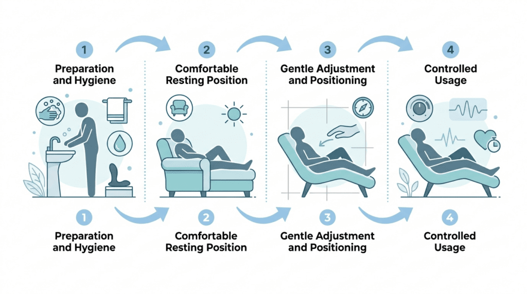 Step-by-step infographic showing preparation, positioning, adjustment, and controlled use of a prostate massager
