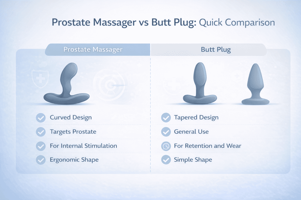 Clean infographic comparing prostate massager and butt plug, showing differences in shape, purpose, and usage with simple icons and side-by-side layout.