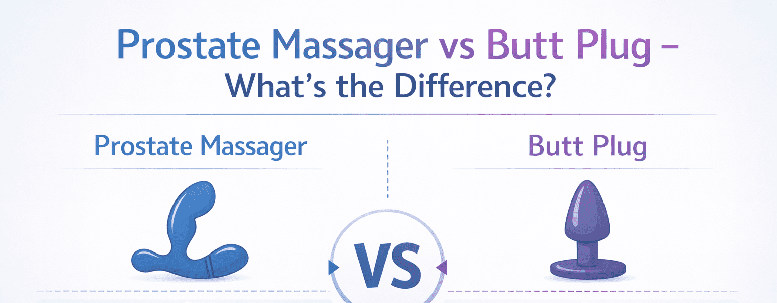 Infographic comparing prostate massager and butt plug, highlighting differences in shape, purpose, and usage in a clean side-by-side visual guide.