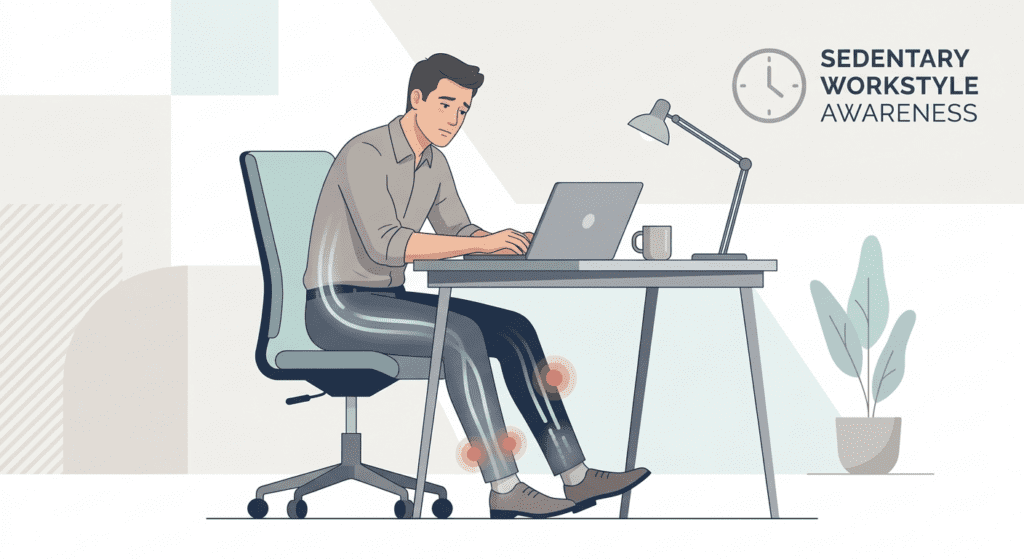 man sitting for long hours at desk showing poor blood circulation in legs linked to sedentary lifestyle and prostate health risks